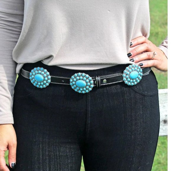 Unbranded Accessories - Southwestern Beaded Concho Faux Black Leather Belt Adjustable Western Turquoise